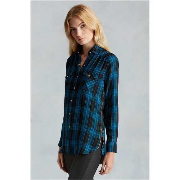 New Womens Designer True Religion S Plaid Top Logo Black Aqua Blue NWT Tunic Zip - Picture 1 of 7